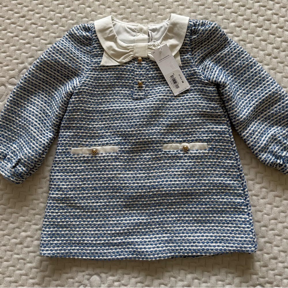 Janie and Jack Blue & Cream Knit Peter Pan Collar Dress Top